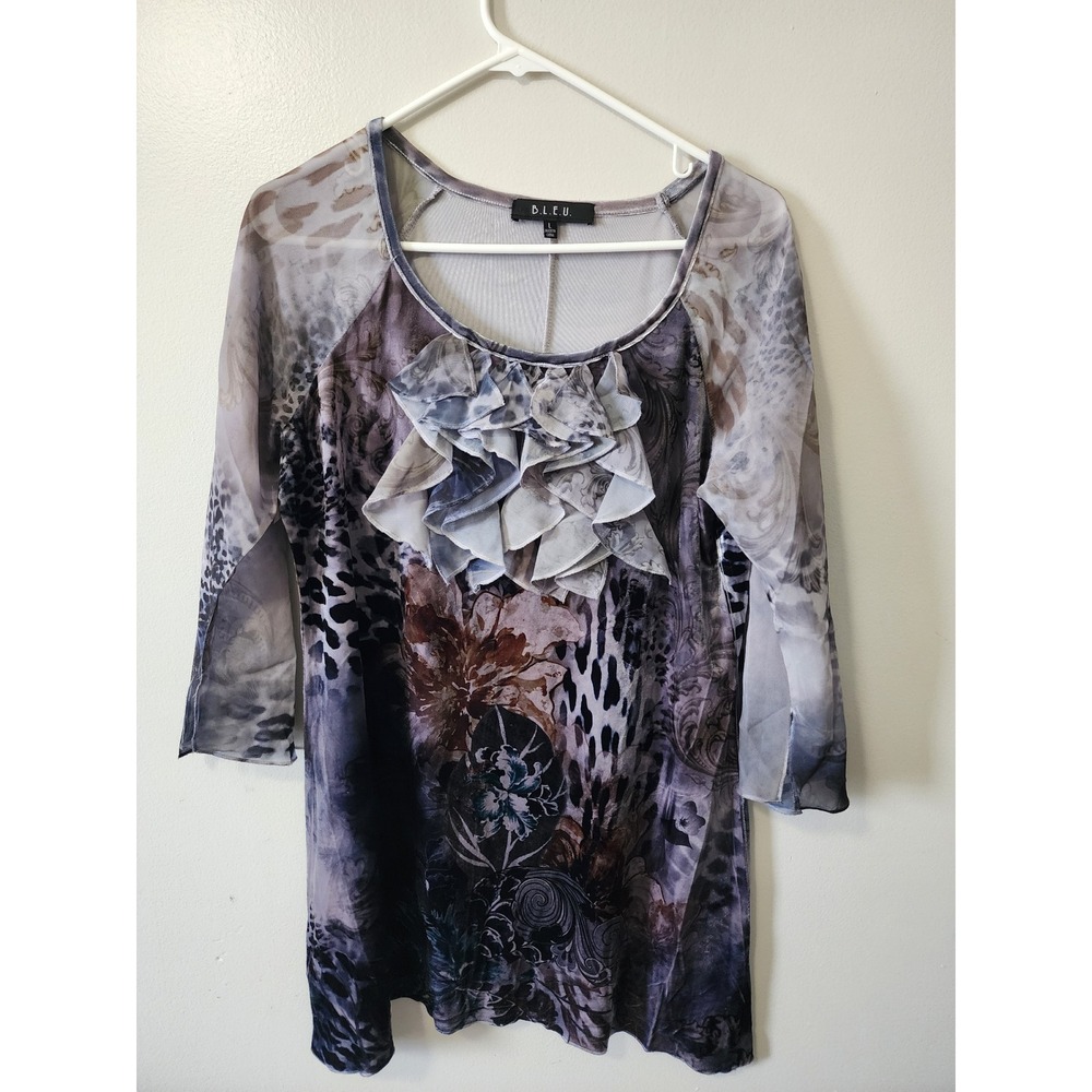 B.L.E.U. Women Blouse Size large Purple Grey Animal Floral Print Ruffle Neck Top